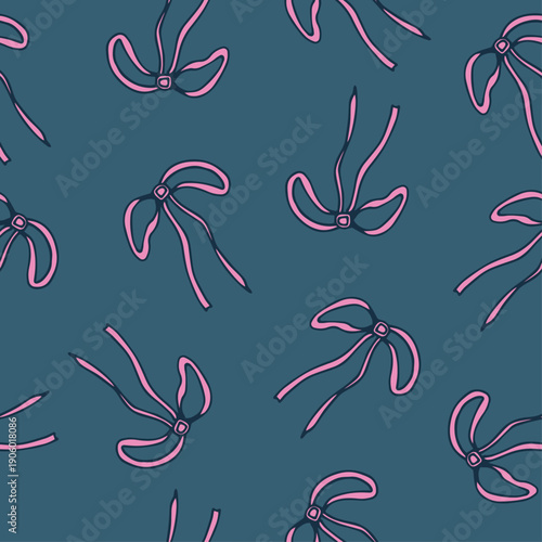 Elegant Bow Pattern with Hand Drawn Ribbons, Modern Decorative Background in Dark Blue for Textile and Wallpaper Design