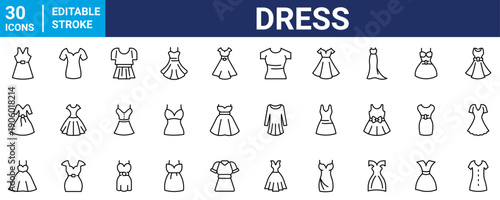 Dress, Fashion Clothing Icons Set. Includes various dress styles such as casual, evening, cocktail, wedding, summer, and party dresses