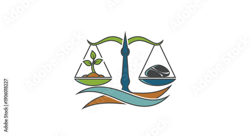 A nautical vector illustration features a sailboat with the scales of justice and money as a symbol of travel and law under the summer sun on a sailing cruise across the ocean wave
