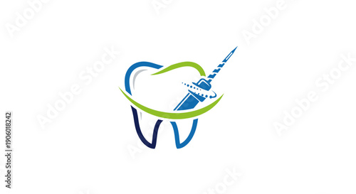 Modern Dental Logo with Tooth and Drill Representing Oral Care Services, Isolated White Background