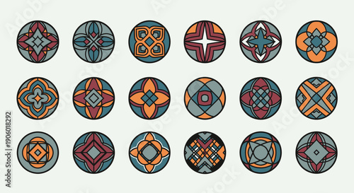 Collection of Circular Abstract Patterns in Muted Earthy Colors on Light Gray Background, Diverse Mandala-like Graphic Design Elements