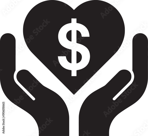 Hand cupping heart with dollar symbol vector icon showing donation concept for social welfare projects financial aid humanitarian support and charity