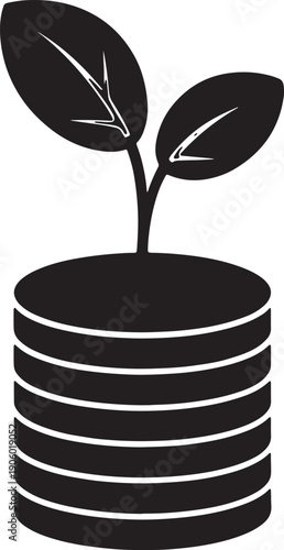 Plant seedling with multiple leaves growing on stack of coins icon representing financial progress, isolated on transparent