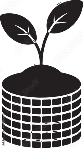 Plant seedling growing in basket of coins icon depicting investment growth and financial success, isolated on transparent background