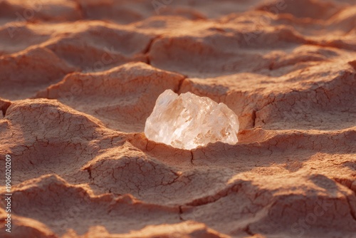 desert still life, simple desert scene with cracked earth, quartz crystal, beige tones, and soft sunset light create a serene still life