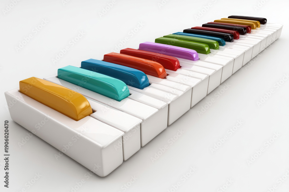 Obraz premium White piano with multi-colored keys in perspective.