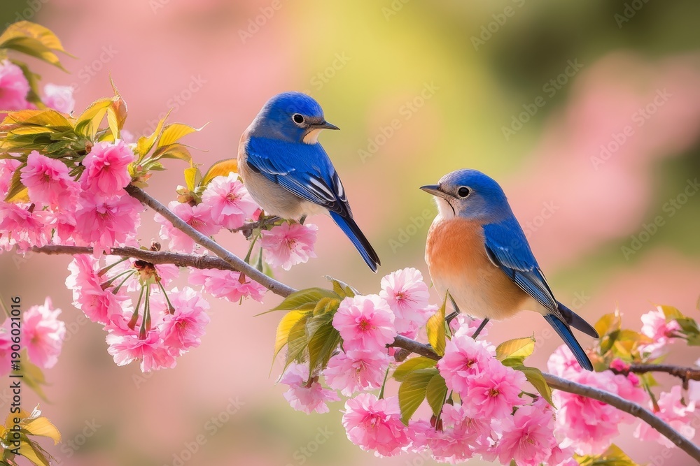 Obraz premium Bluebirds sitting on branches of cherry blossom trees during springtime in a garden with blooming flowers