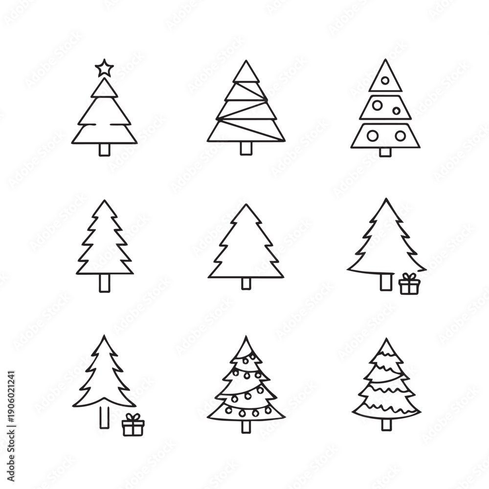 Fototapeta premium Set of 9 Christmas Tree Icons with Presents and Lights, Outline Vector Graphics