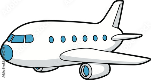 Friendly white passenger jet flying, clean minimalist vector illustration