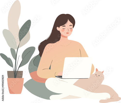 Woman working on laptop at home with cat nearby
