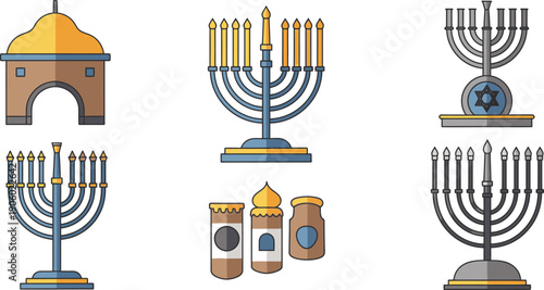 Menorah and Jewish Symbol Collection. Cultural Illustration Assets for Hanukkah Events. Faith and Tradition Concept