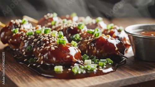 Delicious skewers of meat with sesame seeds and green onions on wooden board