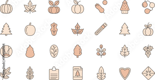 Autumn Season Icon Set with Pumpkins and Foliage. Decorative Graphics for Fall-Themed Design. Seasonal Mood Concept