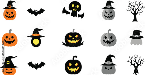 Halloween Icon Collection with Pumpkins Bats and Trees. Seasonal Graphic Elements for Party Design and Media. Spooky Celebration Concept