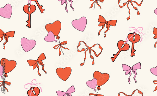 Hand drawn whimsical valentine seamless pattern with pink heart, red bow, ribbon, key. Coquette doodle vintage elements for Valentine's Day, wedding, invitation. Isolated crayon vector illustration.