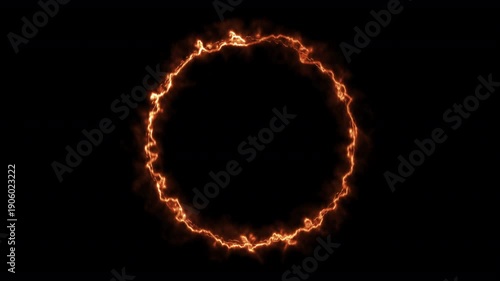 fiery frame of fire and burning hot flames. A realistic inferno themed circle or ring hoop shaped  frame or border of roaring flames with a plain black background 4K animation