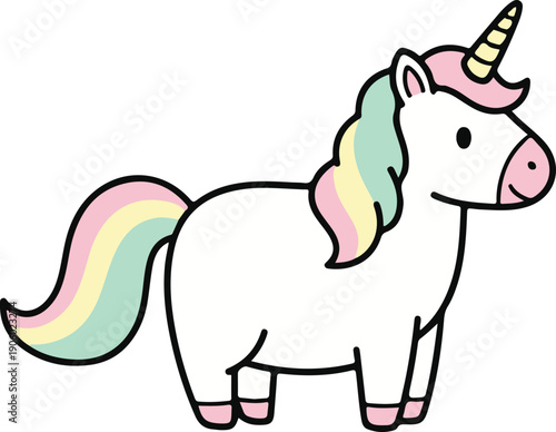 Friendly white unicorn with a pink muzzle and rainbow hair, whimsical minimalist vector illustration