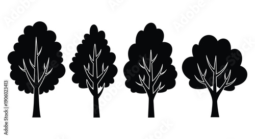 Four black tree silhouettes against a white background silhouette