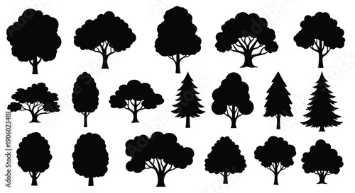 Collection of various tree shapes in a dark bold silhouette