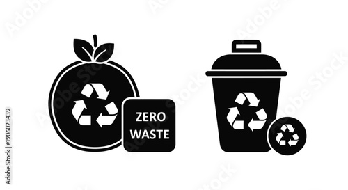 Recycling symbols for apple and trash can promoting zero waste silhouette