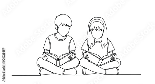 Two young people reading books a minimalist line art silhouette
