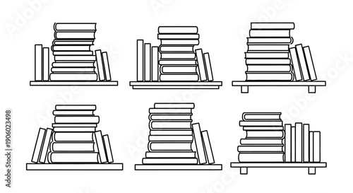Stacks of books arranged on shelves a minimalist outline silhouette