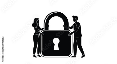 Couple unlocking a padlock symbolizing trust and security silhouette