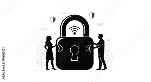 Digital security concept with people and a lock a bold silhouette