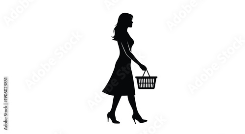 Woman walking with a basket depicted in stark black silhouette