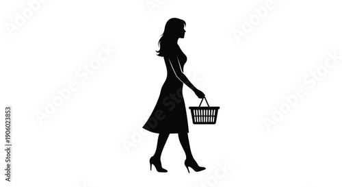 Woman walking with a shopping basket a striking black silhouette