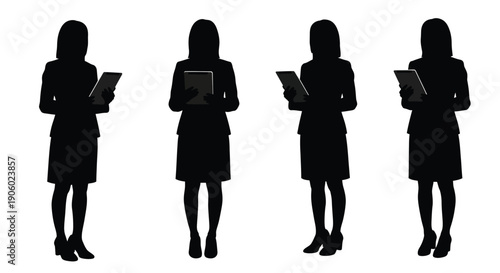 Four women holding tablets in a dark minimalist silhouette