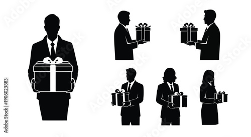 People exchanging gifts a celebratory scene in black silhouette