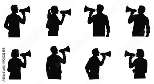 Group of people using megaphones in stark black silhouette