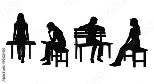 Four figures in various seated poses against a white background silhouette