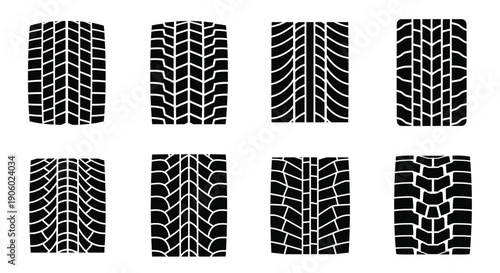 Eight tire tread patterns displayed as a striking black silhouette