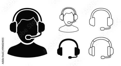 Headset operator icons in varying styles a bold black silhouette