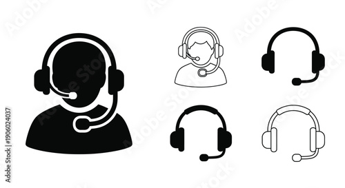 Customer service icons featuring headset and operator black silhouette