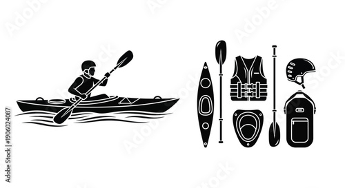Kayaking equipment and a paddler in a dark silhouette