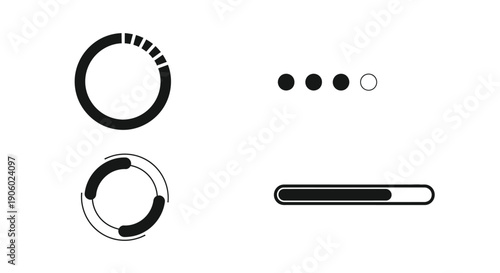 Loading indicators and progress symbols in a stark black silhouette