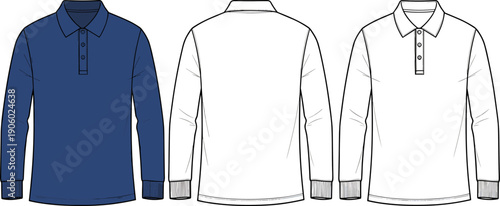 Men's Navy Blue Long Sleeve Polo Shirt Technical Sketch - Flat Fashion Illustration Art