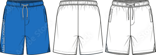 Men's Sport Shorts Fashion Technical Sketch, Athletic Swim Trunks Flat Vector Illustration Template