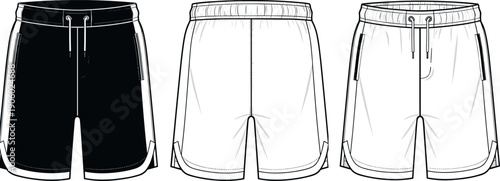Men's Training Shorts Technical Sketch - Black and White Athletic Flat Fashion Illustration Art