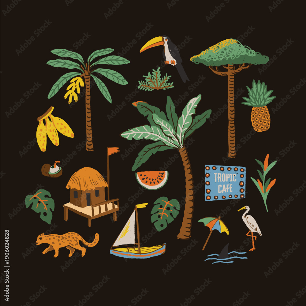 Fototapeta premium Summer tropical vector illustration set with island elements fruits animals isolated icons