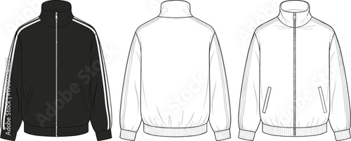 Unisex Track Jacket Technical Sketch - Black and White Athletic Zip-Up Flat Fashion Illustration Art