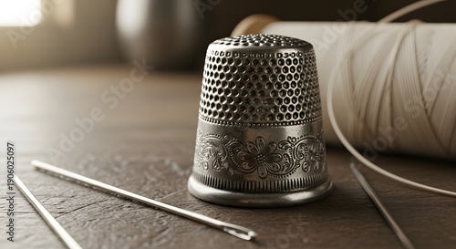 A silver thimble with intricate designs sits on a wooden table next to a spool of thread and two sewing needles.