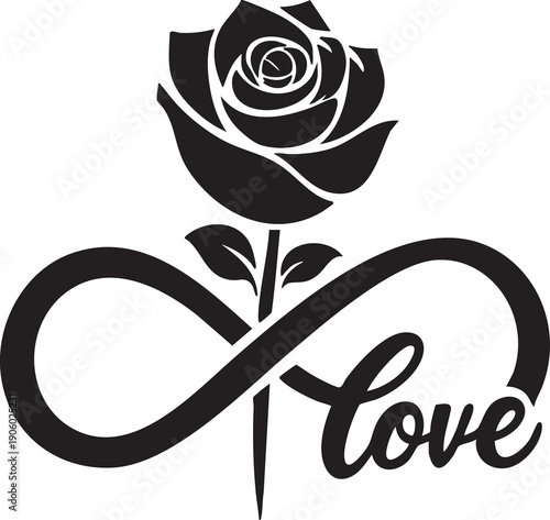 Black silhouette of a rose intertwined with an infinity symbol and the word love representing eternal love and romance perfect for design elements and concepts