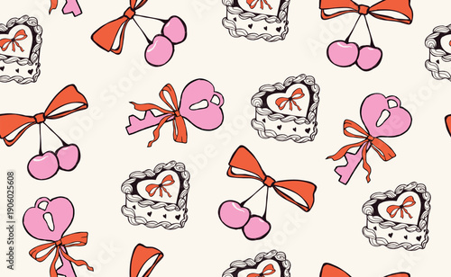 Hand drawn whimsical valentine seamless pattern with heart, pink cherry, cake, red bow, ribbon. Coquette doodle vintage elements for Valentine's Day, wedding, invitation. Isolated crayon vector illust