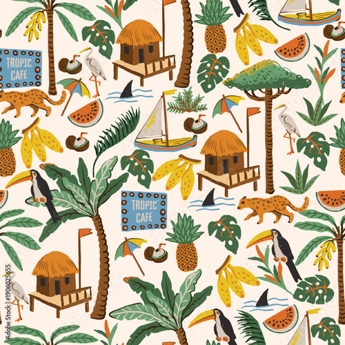 Summer tropical seamless vector pattern with island icons animals fruits palm boats