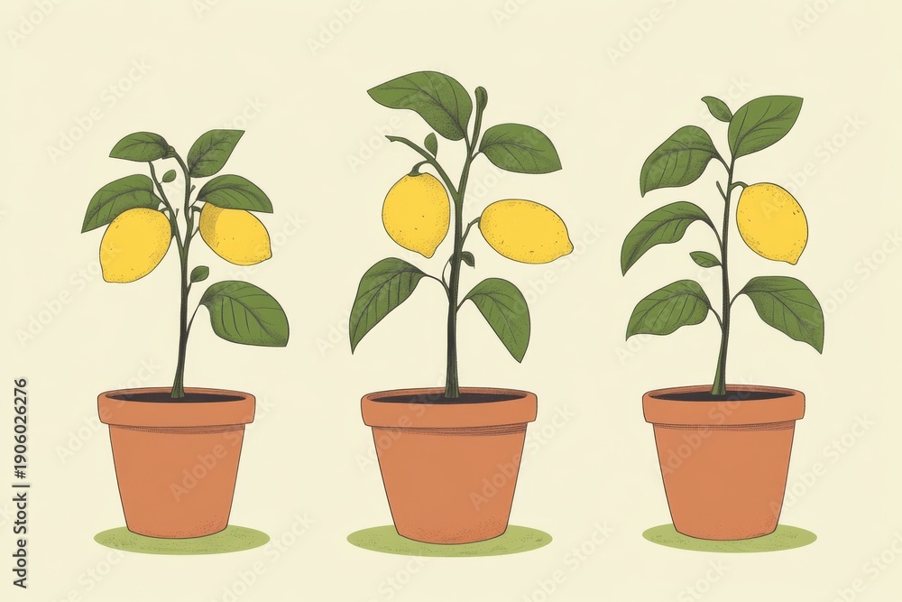 Obraz premium Potted lemon trees with ripe fruit grow in small pots on a light background during a sunny day