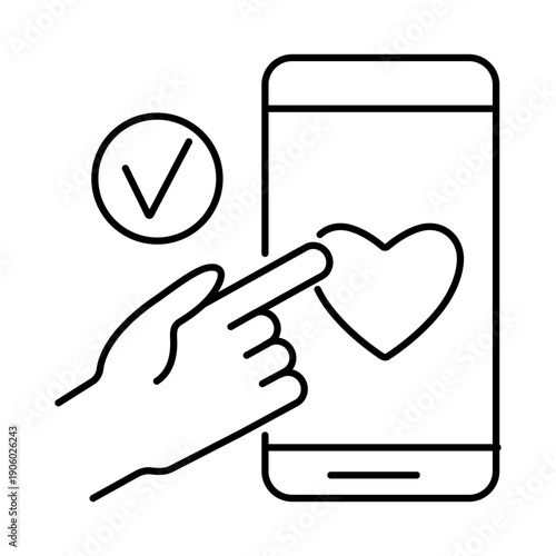 Providing help Online. Sign of hand pressing heart on mobile phone screen. Help provided. Vector linear illustration.